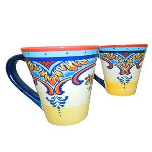 Euro Ceramica Mugs Set of 2 Zanzibar Coffee Tea Stoneware Hand Painted Floral